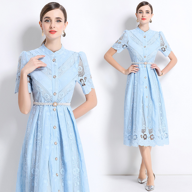Hollow slim printing laser long sleeve dress