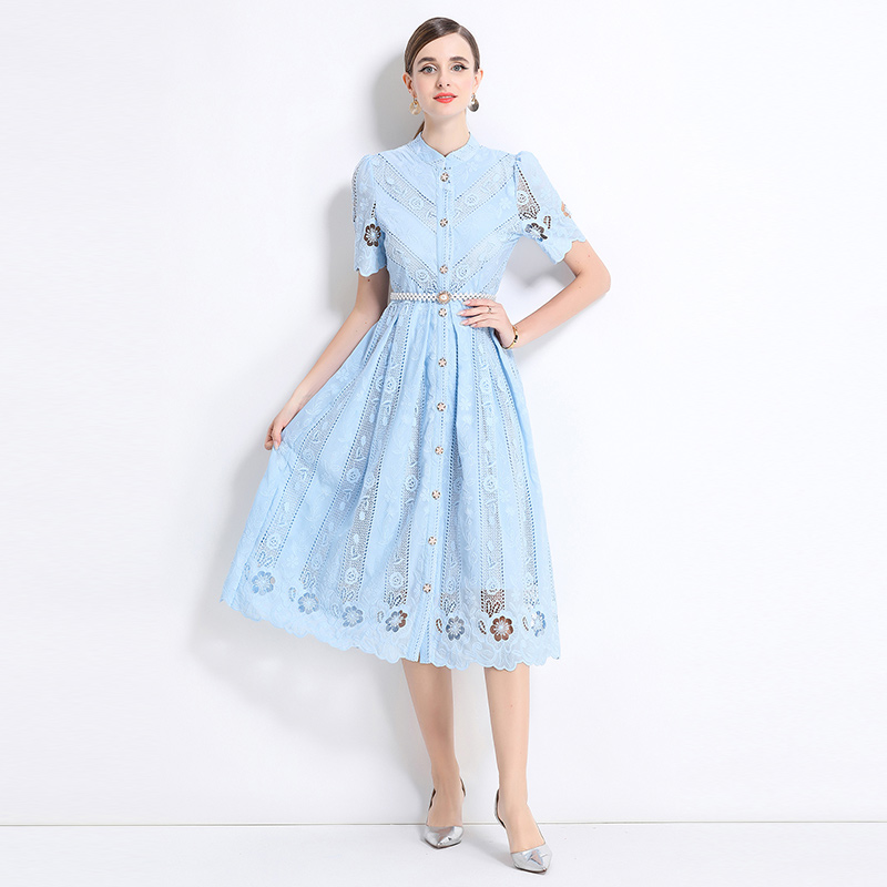 Hollow slim printing laser long sleeve dress