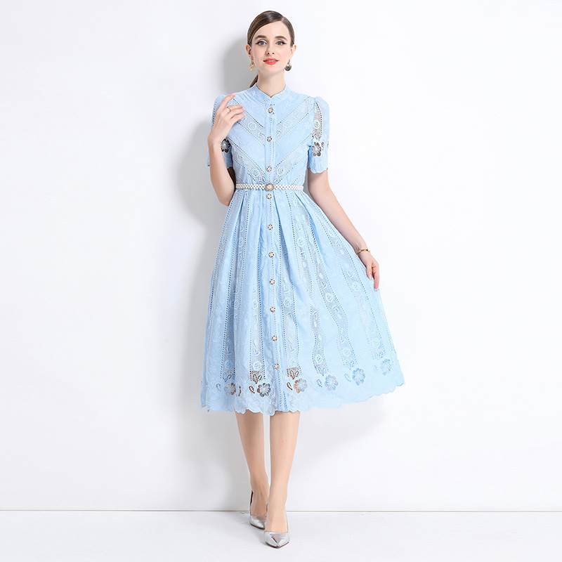 Hollow slim printing laser long sleeve dress