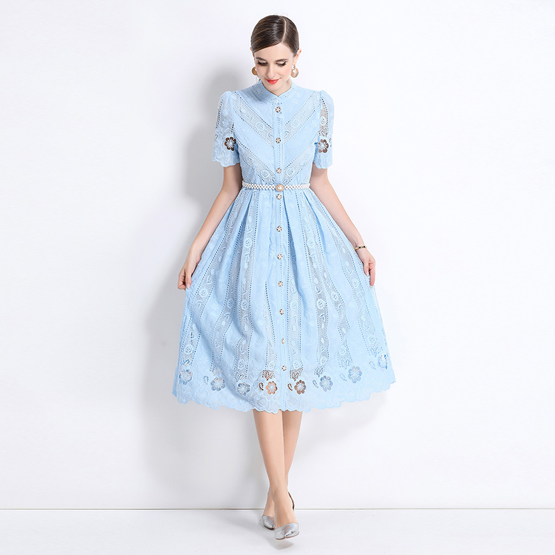 Hollow slim printing laser long sleeve dress