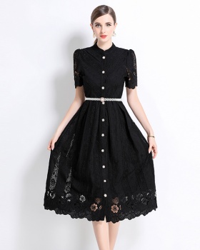 Printing laser hollow long sleeve slim dress