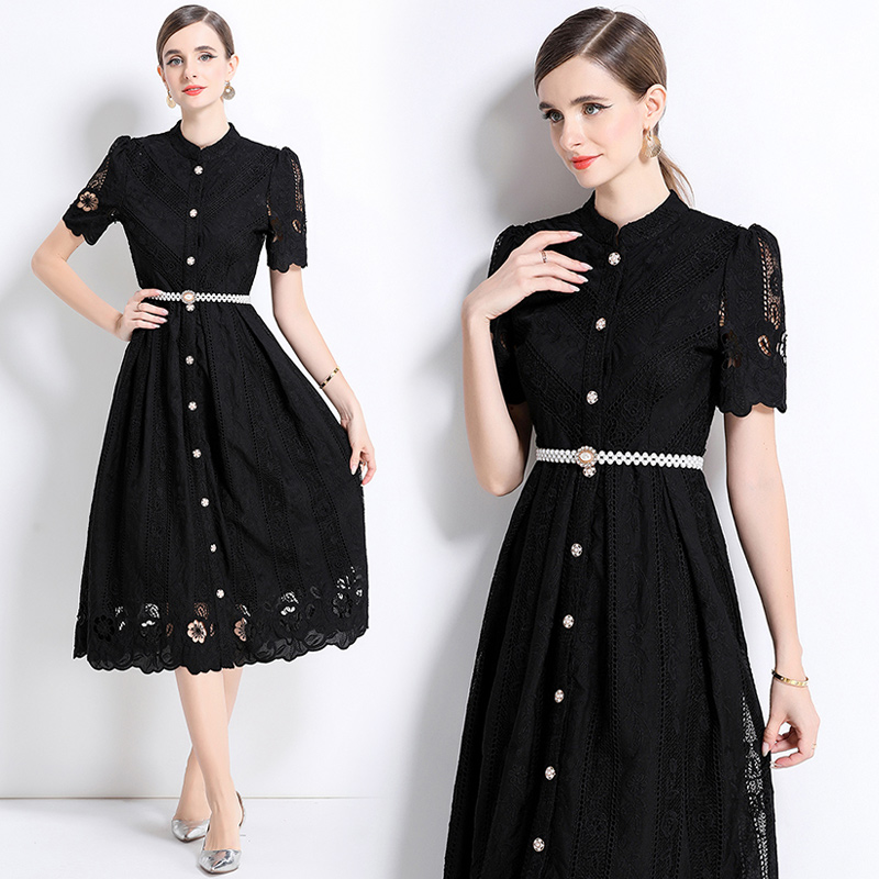 Printing laser hollow long sleeve slim dress