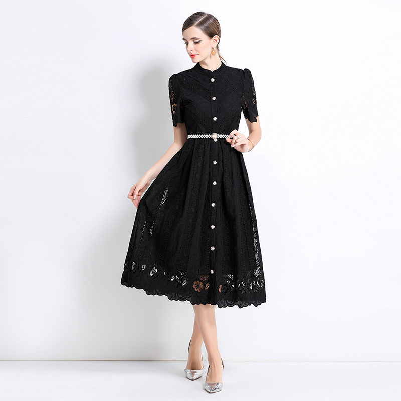 Printing laser hollow long sleeve slim dress