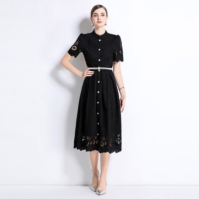 Printing laser hollow long sleeve slim dress