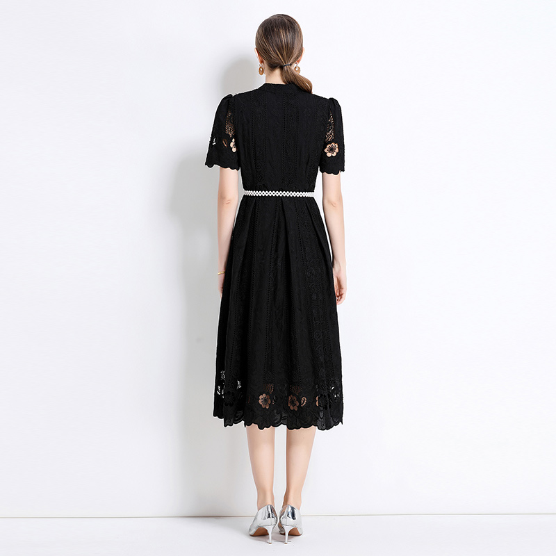 Printing laser hollow long sleeve slim dress
