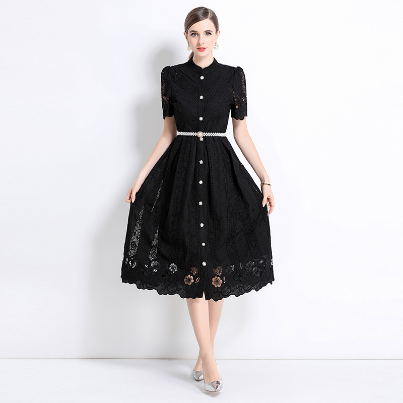 Printing laser hollow long sleeve slim dress