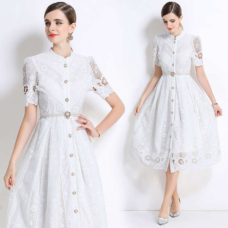 Long sleeve laser hollow slim printing dress