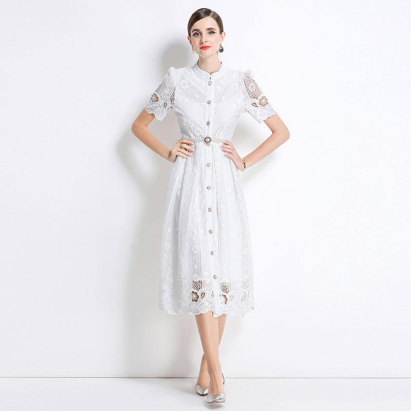 Long sleeve laser hollow slim printing dress