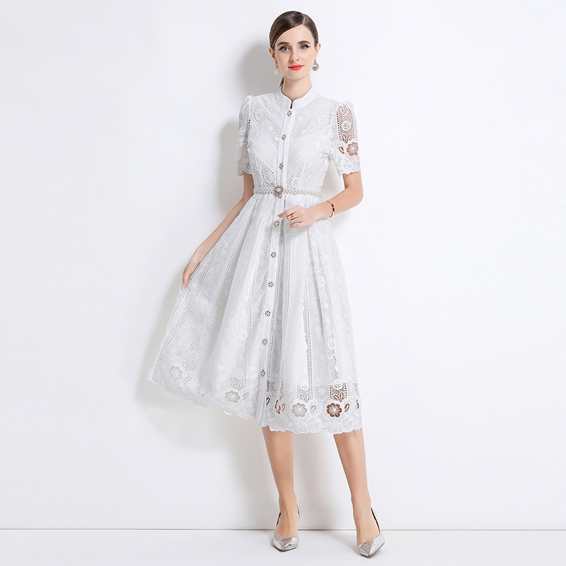 Long sleeve laser hollow slim printing dress