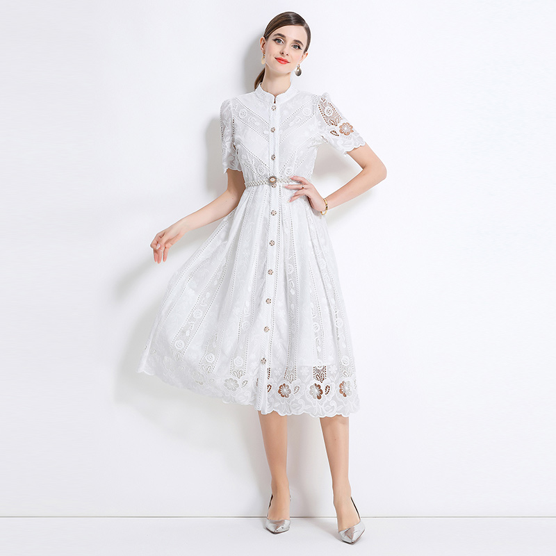 Long sleeve laser hollow slim printing dress