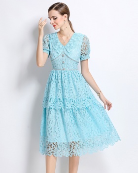 Slim hollow long lace short sleeve dress