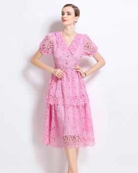 Hollow long lace short sleeve slim dress