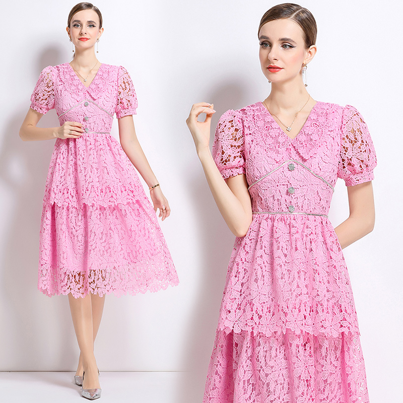 Hollow long lace short sleeve slim dress