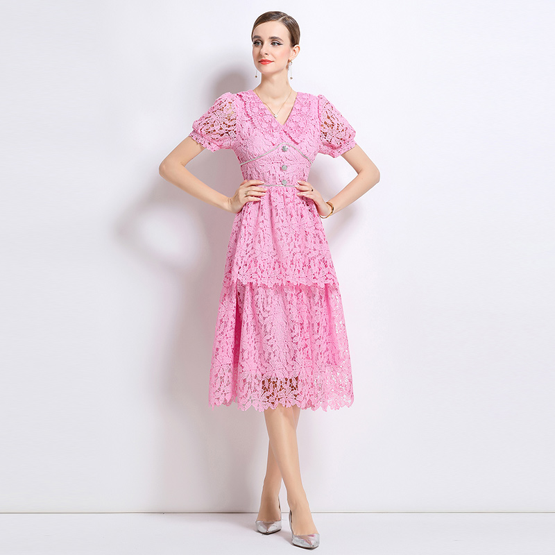 Hollow long lace short sleeve slim dress