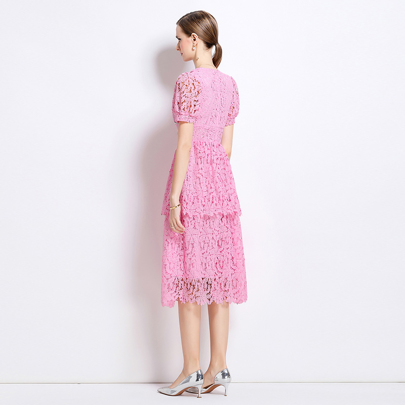 Hollow long lace short sleeve slim dress