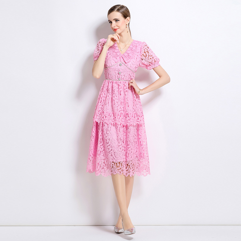 Hollow long lace short sleeve slim dress