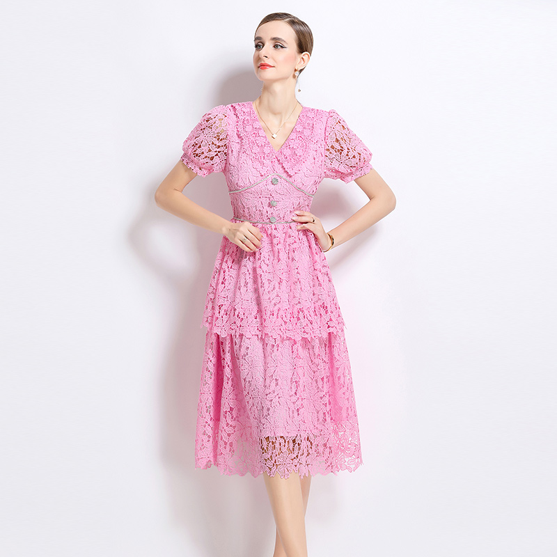 Hollow long lace short sleeve slim dress