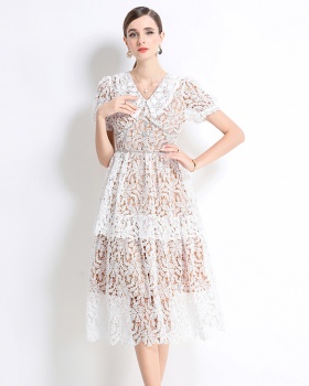Long lace short sleeve hollow slim dress