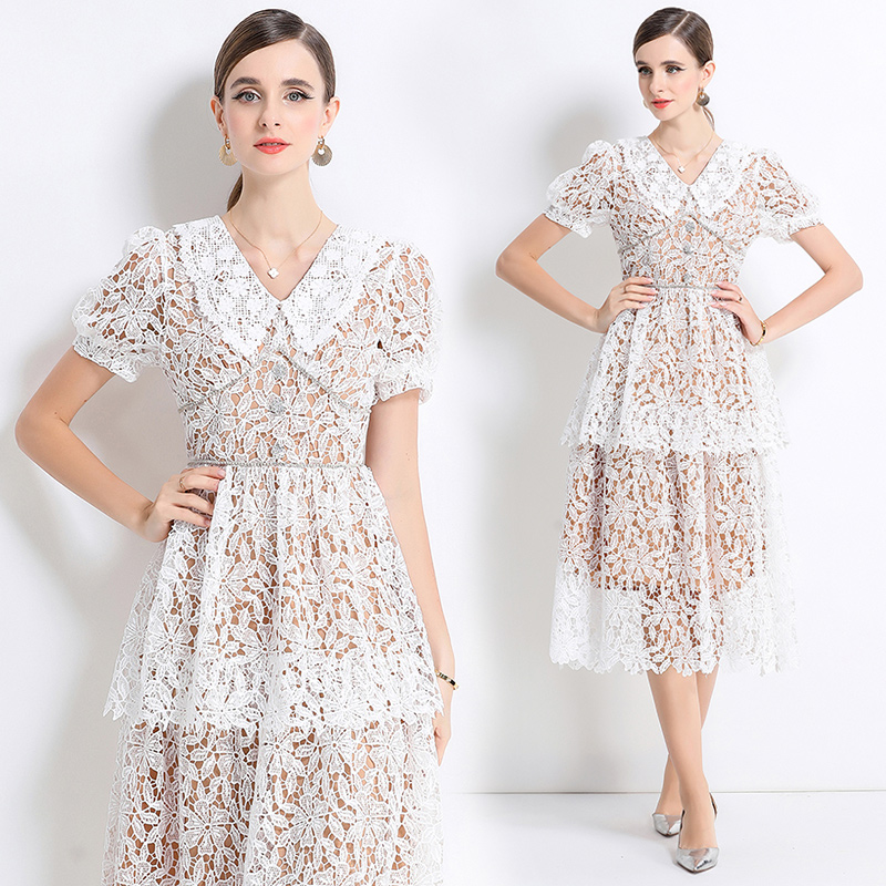 Long lace short sleeve hollow slim dress