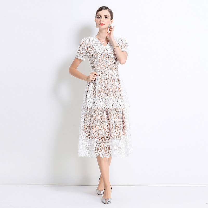 Long lace short sleeve hollow slim dress