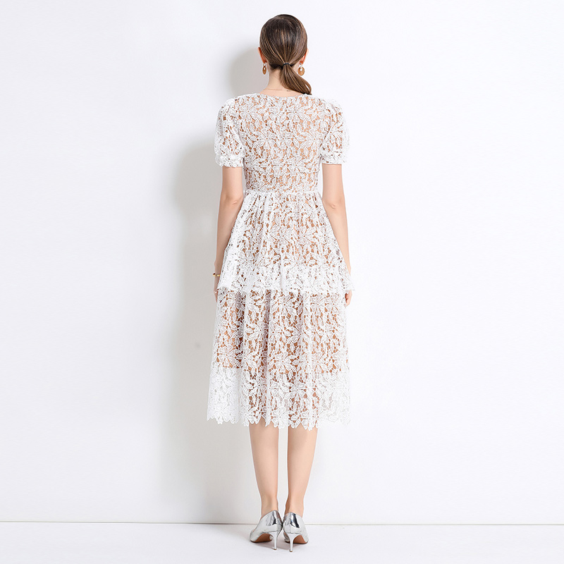 Long lace short sleeve hollow slim dress