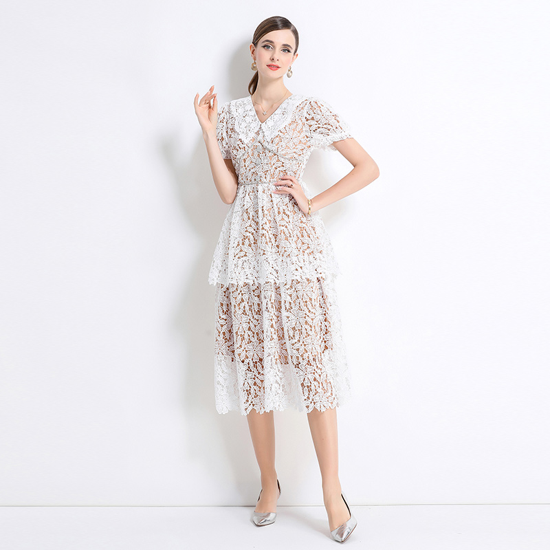 Long lace short sleeve hollow slim dress
