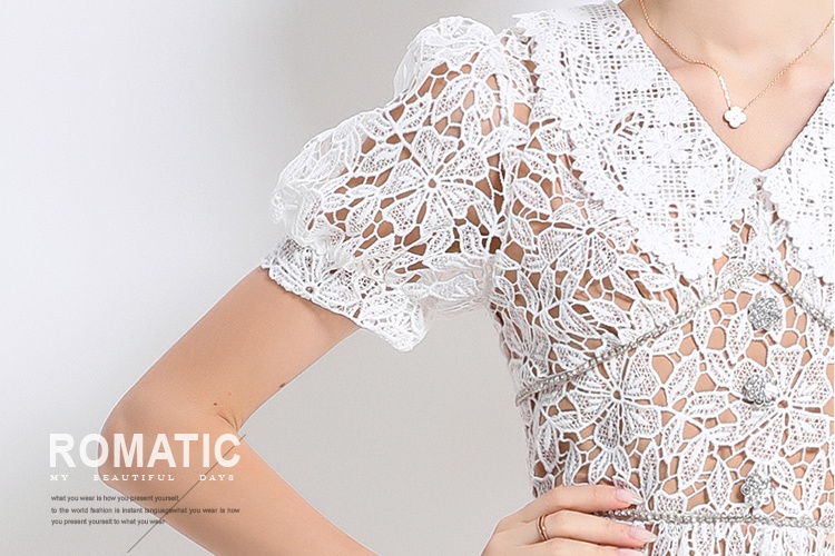 Long lace short sleeve hollow slim dress