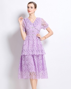 Lace short sleeve hollow slim long dress