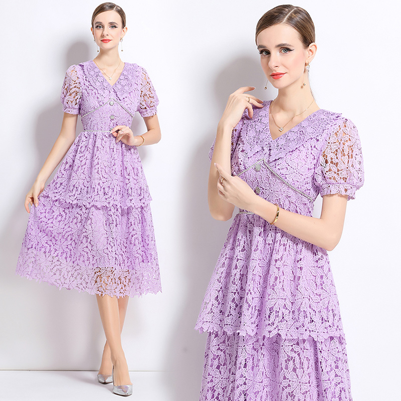 Lace short sleeve hollow slim long dress