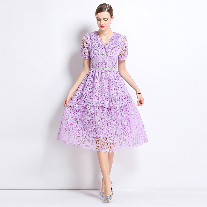 Lace short sleeve hollow slim long dress