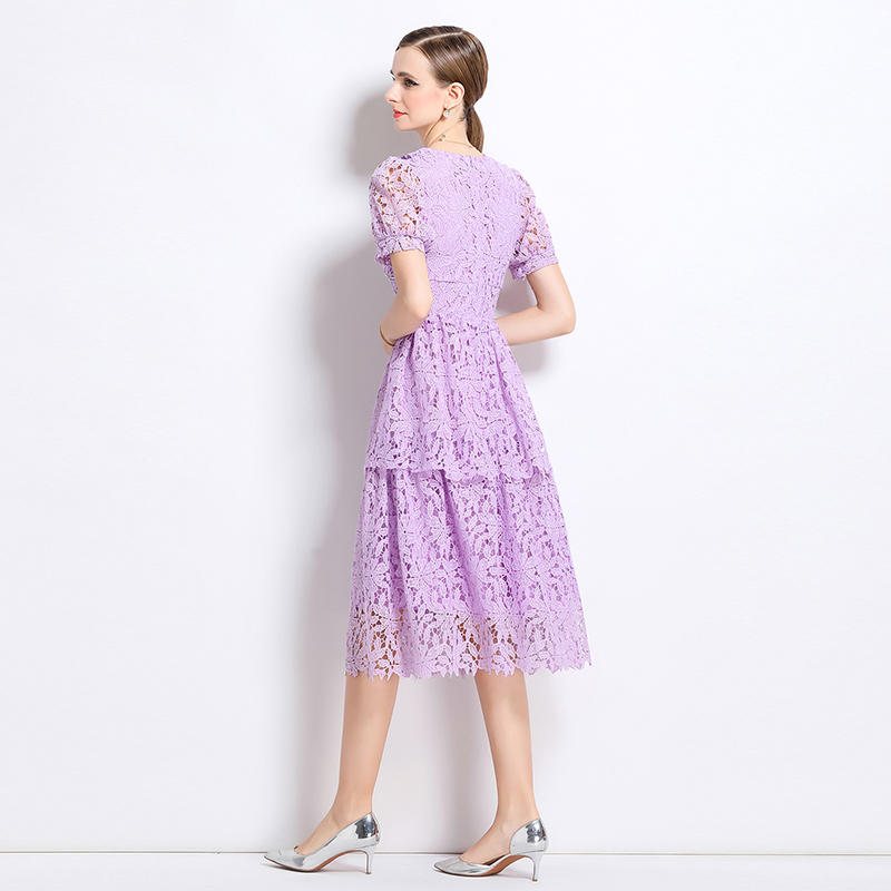 Lace short sleeve hollow slim long dress
