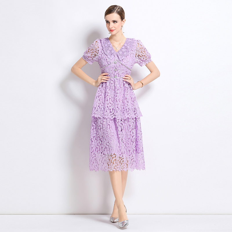 Lace short sleeve hollow slim long dress