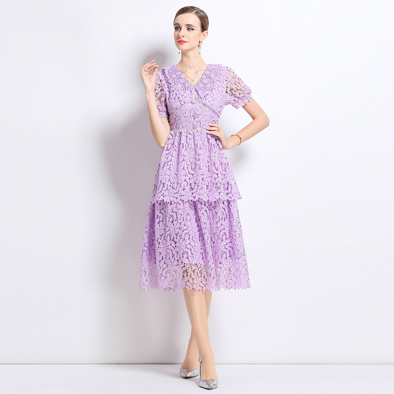 Lace short sleeve hollow slim long dress