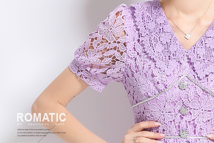 Lace short sleeve hollow slim long dress