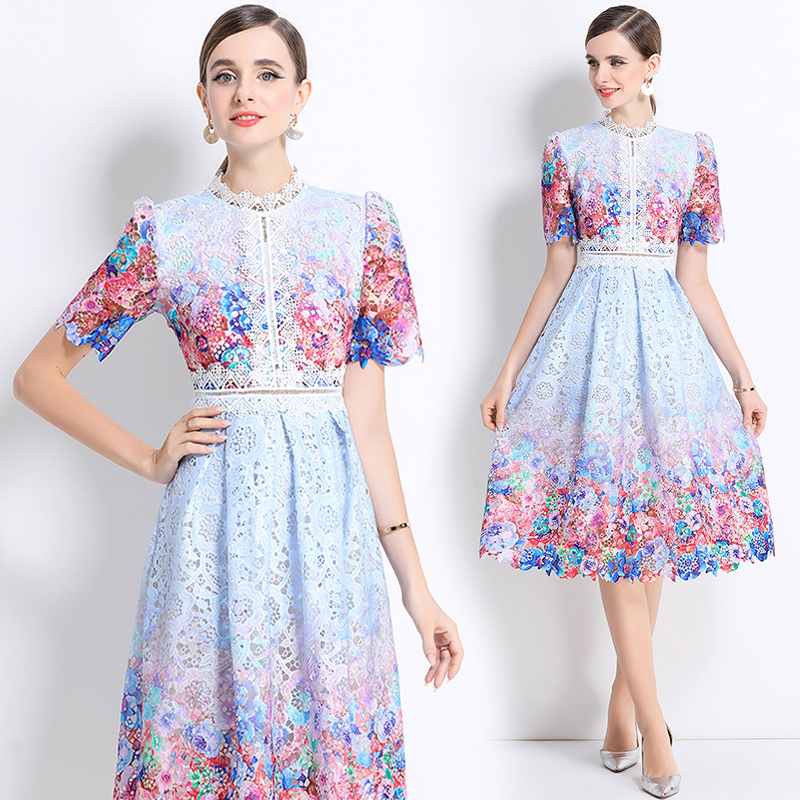 Long hollow slim fashion lace short sleeve dress