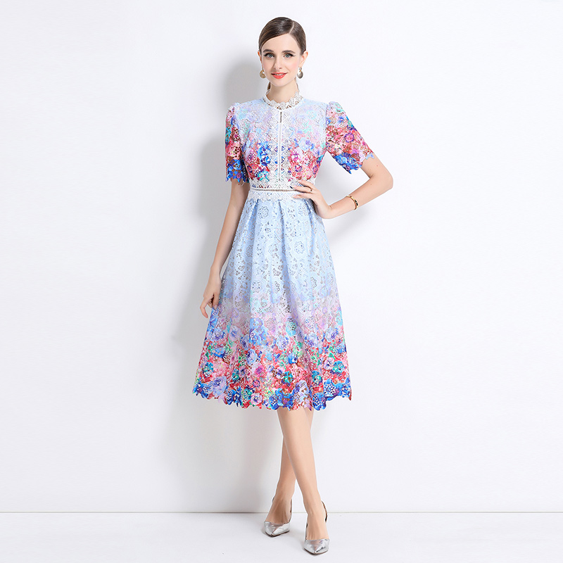 Long hollow slim fashion lace short sleeve dress