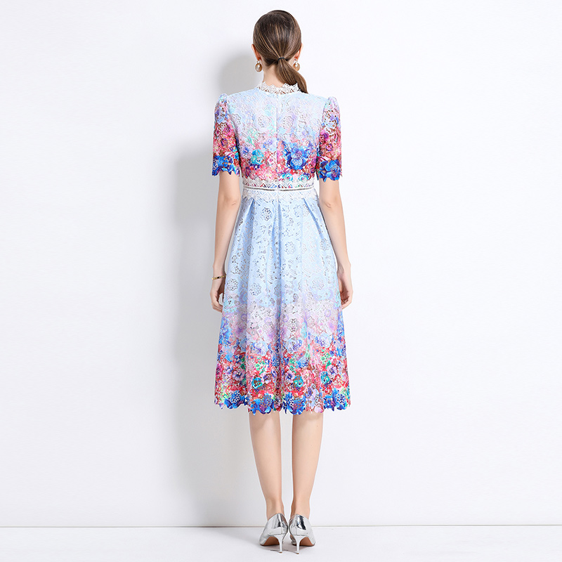 Long hollow slim fashion lace short sleeve dress