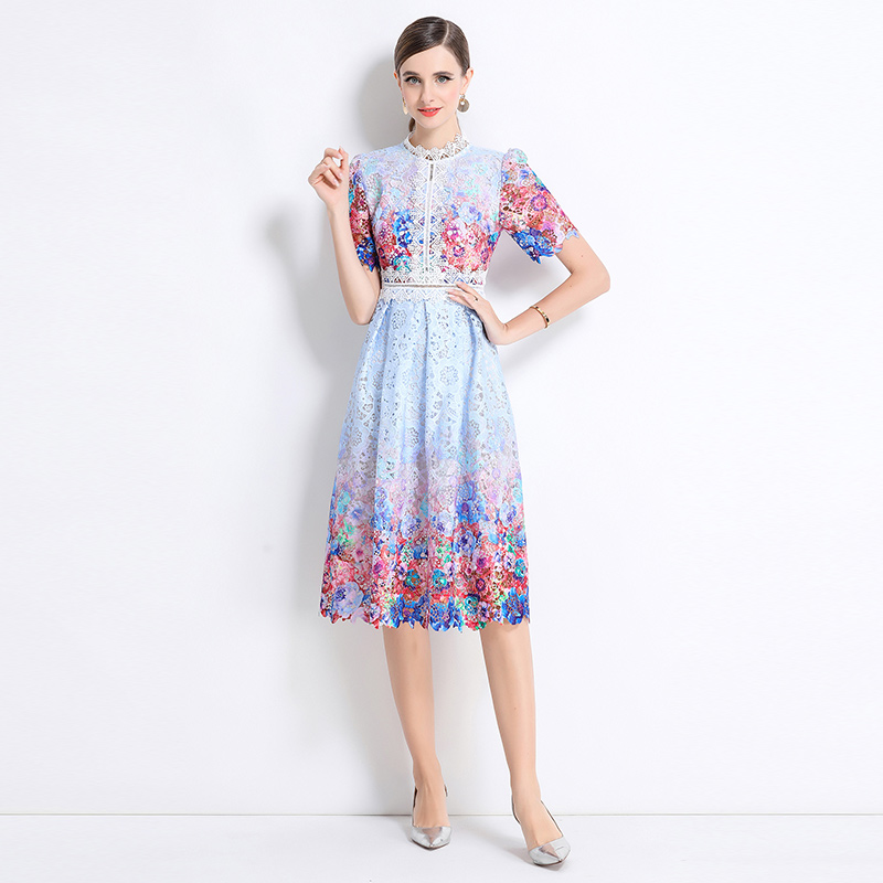 Long hollow slim fashion lace short sleeve dress