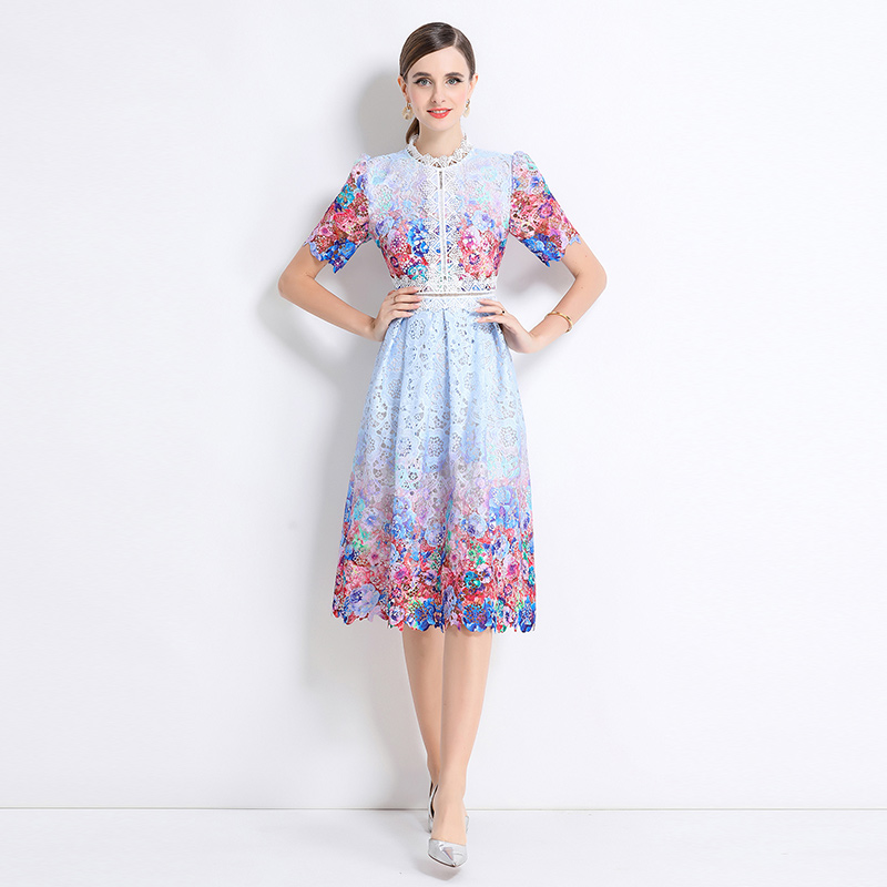 Long hollow slim fashion lace short sleeve dress