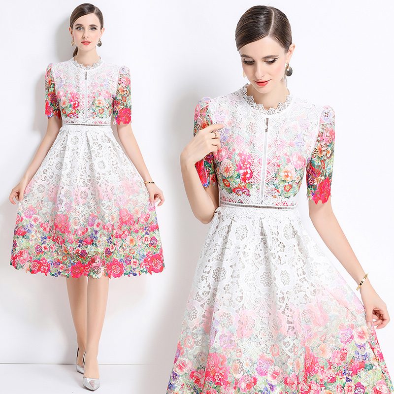 Fashion hollow long short sleeve lace slim dress