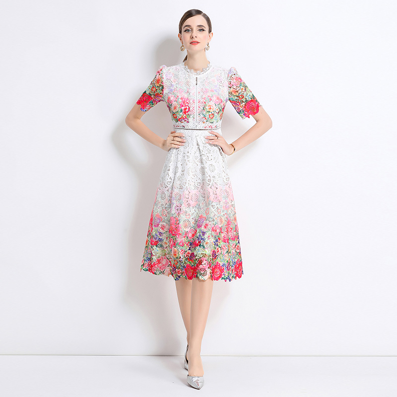 Fashion hollow long short sleeve lace slim dress
