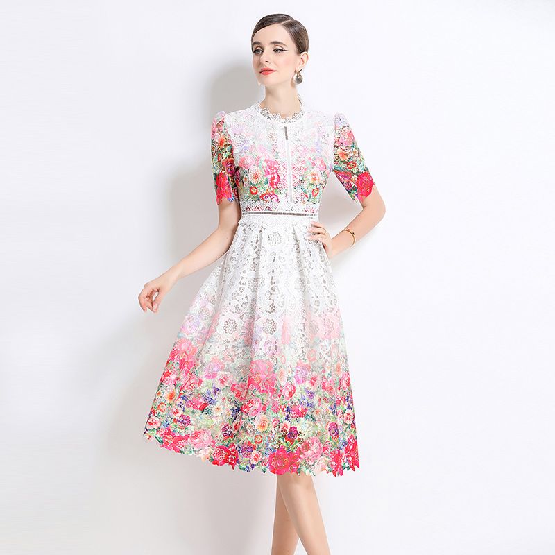 Fashion hollow long short sleeve lace slim dress