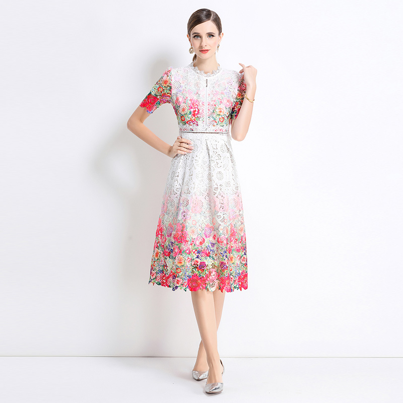 Fashion hollow long short sleeve lace slim dress