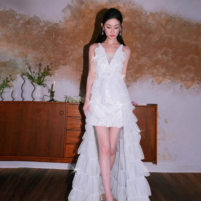 Bow sequins V-neck beading stereoscopic flowers cake dress