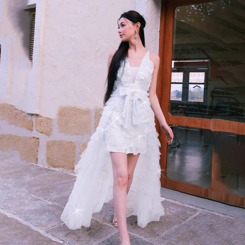Bow sequins V-neck beading stereoscopic flowers cake dress