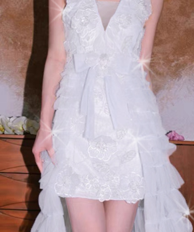 Bow sequins V-neck beading stereoscopic flowers cake dress
