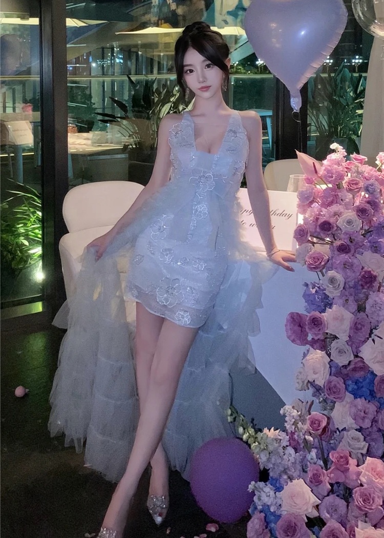 Bow sequins V-neck beading stereoscopic flowers cake dress