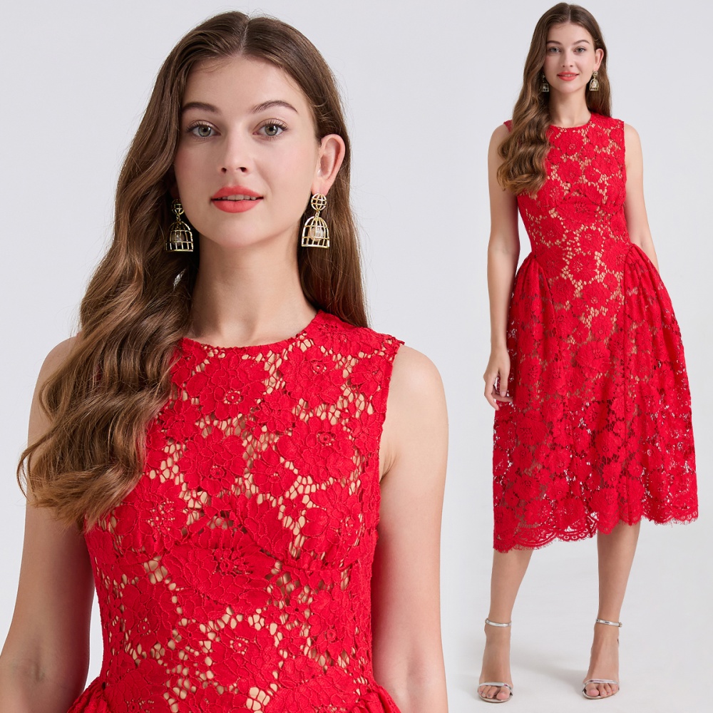 Slim lace vest high waist round neck eyelash