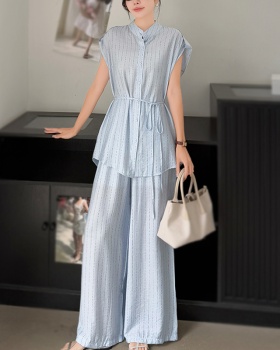 Stripe casual pants summer shirt a set for women