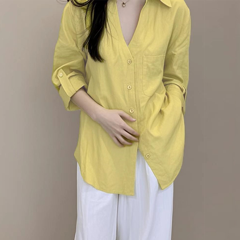 France style pocket shirt long sleeve flax casual pants a set